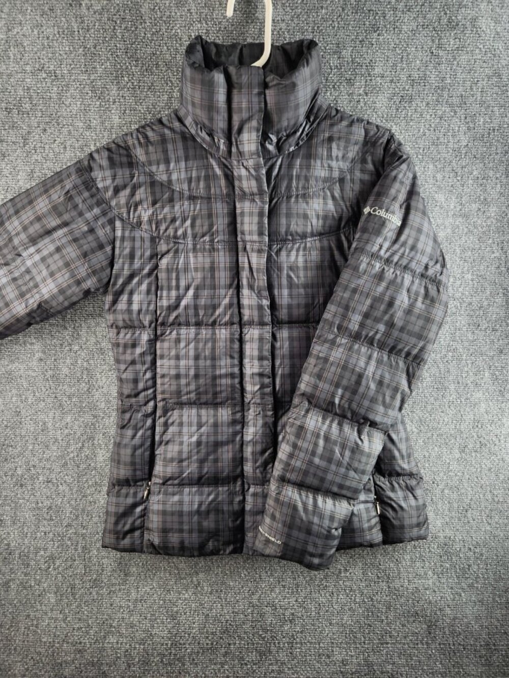 Columbia Small Plaid Dark Gray Puffer Jacket Full Zip Duck Down Women Zip Pocket